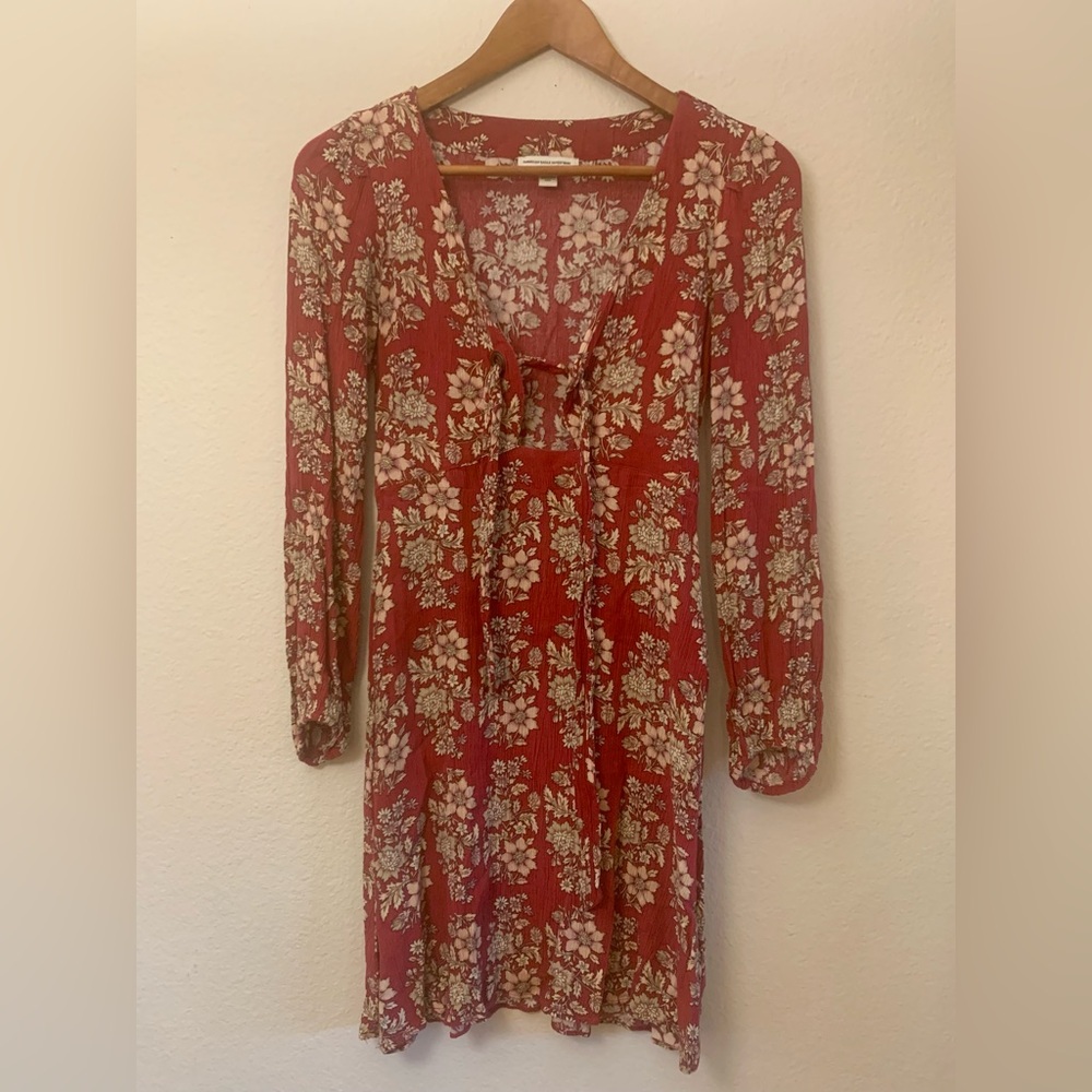American Eagle Red 100% Viscose Floral Dress in XXS